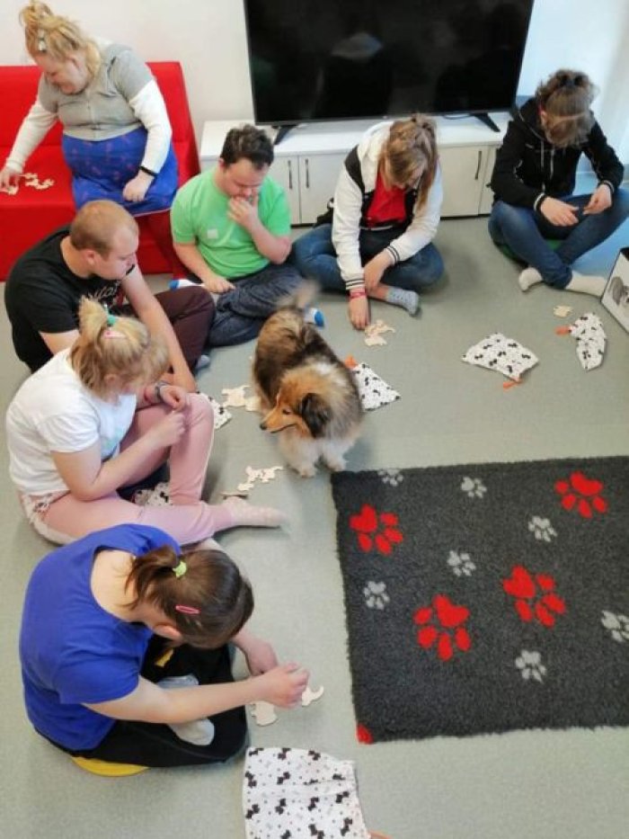 Uczniowie klasy 3 Pb w ramach zajęć z dogoterapii.