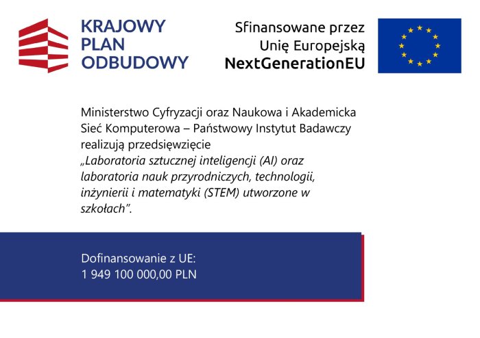 Ministerstwo Cyfryzacji oraz Naukowa i Akademicka
Sieć Komputerowa – Państwowy Instytut Badawczy
realizują przedsięwzięcie
„Laboratoria sztucznej inteligencji (AI) oraz
laboratoria nauk przyrodniczych, technologii,
inżynierii i matematyki (STEM) utworzone w
szkołach”.