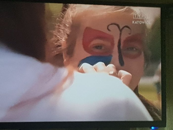 Dziewczynka z wymalowanym na twarzy motylem.