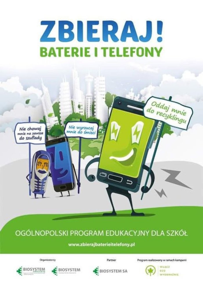 Plakat dotyczący akcji Zbierania telefonów i baterii.